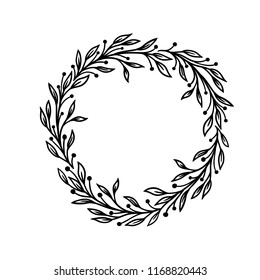 Hand drawn vector frame. Floral wreath with leaves for wedding and holiday. Decorative elements for design. Isolated on white background