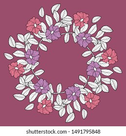 Hand drawn vector frame. Floral wreath with leaves for wedding and holiday. Decorative elements for design. Isolated.Beautiful flowers