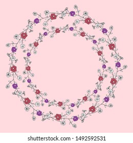 Hand drawn vector frame. Floral wreath with leaves for wedding and holiday. Decorative elements for design. Isolated.Beautiful flowers