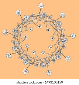 Hand drawn vector frame. Floral wreath with leaves for wedding and holiday. Decorative elements for design. Isolated.Beautiful flowers