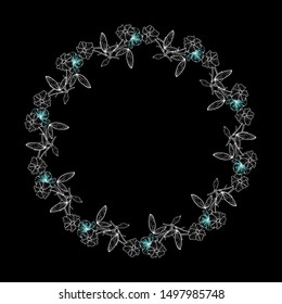 Hand drawn vector frame. Floral wreath with leaves for wedding and holiday. Decorative elements for design. Isolated.Beautiful flowers