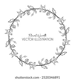 Marco de Vector dibujado a mano. Corona floral con hojas para boda y vacaciones. Elementos decorativos para el diseño. Aislado