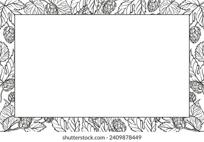 Hand drawn vector frame with hop plant, leaves and buds, craft beer ingredients, black and white illustration of branch humulus lupulus, inked illustration isolated on white background