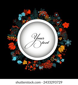 Hand drawn vector frame on a black background. Round flower frame. Not AI, Vector illustration