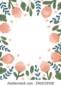 Hand drawn vector frame with protea flower and abstract leaves on white background. Ideal for greeting cards template,  wedding invitation, banner and  thank you card.