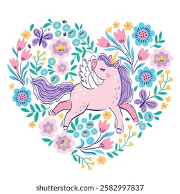 Hand drawn vector frame in the shape of a heart. Cute unicorn among fantasy flowers. Bright illustration in pastel colors for design of nursery, clothes, children's room, poster