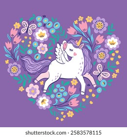 Hand drawn vector frame in the shape of a heart. Cute unicorn among fantasy flowers on purple background. Bright illustration in pastel colors for design of nursery, clothes, children's room, poster