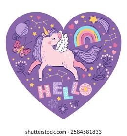 Hand drawn vector frame in the shape of a heart. Cute unicorn among clouds, flowers and stars. Hello. Bright illustration in purple colors for design of nursery, clothes, children's room, poster