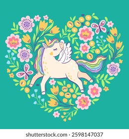 Hand drawn vector frame in the shape of a heart. Cute unicorn among fantasy flowers. Bright illustration in pastel colors for design of nursery, clothes, children's room, poster