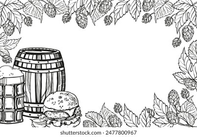 Hand drawn vector frame with sketch of wooden barrel for beer, beer glass, burger, hop plant, leaves and buds, black and white illustration of beer theme, inked illustration isolated, white background