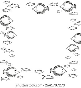 hand drawn vector frame with underwater fish, black and white ink sketch of exotic tropical fish, sea wildlife, engraving textured illustration of undersea animal for marine picture, decoration