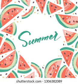 Hand drawn vector frame with watermelons and lettering sign Summer