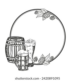 Hand drawn vector frame with wooden barrel for wine, beer, whiskey and beer glasses, hop plant, black and white illustration of oak keg and beer ingredient, inked sketch isolated on white background