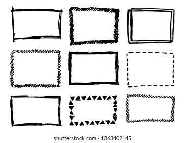 Hand Drawn Vector Frames Collection Isolated on White. Cartoon Style Doodle Borders with Pencil Effect or Charcoal Texture