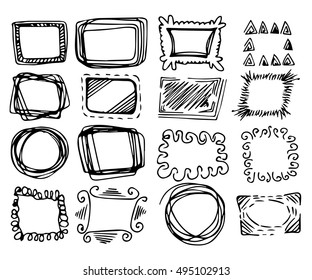 Hand drawn vector frames collection. Cartoon style vector doodles. Pencil effect isolated borders.