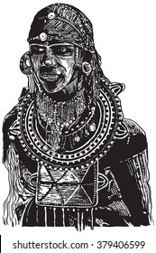 Hand drawn vector, freehand sketch. An AFRICAN - handsome warrior, young man.