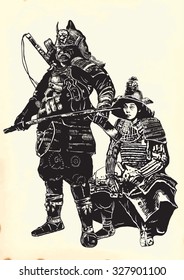 An hand drawn vector, freehand sketching. Portrait of an unknown Japan warriors, Samurais (Shoguns).