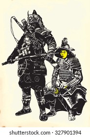 An hand drawn vector, freehand sketching. Portrait of an unknown Japan warriors, Samurais (Shoguns).