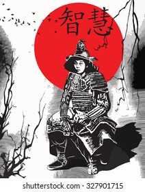 An hand drawn vector, freehand sketching. Portrait of an unknown Japan warrior, Samurai (Shogun). Kanji means - Wisdom.