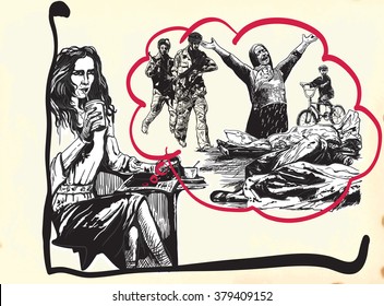 An hand drawn vector, freehand sketching. From series: WAR PLACES, Headline - Newspaper reader.