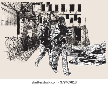An hand drawn vector, freehand sketching. From the series: WAR PLACES - WAR ZONES, War District - Two soldiers go around corpses inside the body bags.