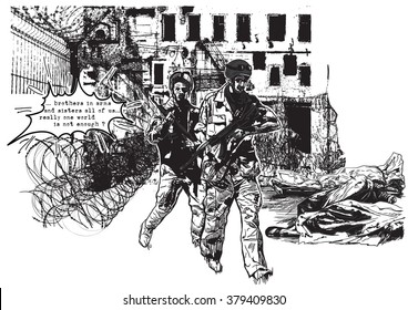 An hand drawn vector, freehand sketching. From the series: WAR PLACES - WAR ZONES, War District - Two soldiers go around corpses inside the body bags.