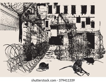 An hand drawn vector, freehand sketching. From the series: WAR PLACES, War District - Rat Soldiers - Yellow Streak.