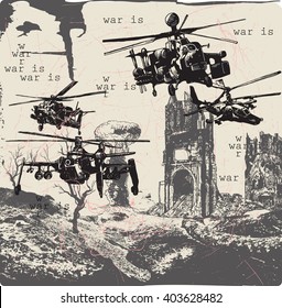 An hand drawn vector, freehand sketching - War Landscape - WAR IS - Placard.