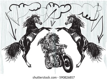 An hand drawn vector, freehand sketching. Native American couple, lovers, drive a motorcycle. Riders on the storm. (The bike is not specific brand - something as a common chopper.)