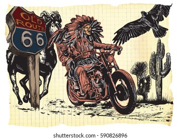 An hand drawn vector, freehand sketching. Native American couple, lovers, drive a motorcycle. Paper riders. (The bike is not specific brand - something as a common chopper.)