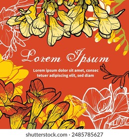 Hand drawn vector freesia with a calligraphic text over red orange background. Yellow, black and white freesias for social media visuals and cards design.
