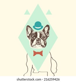 Hand drawn vector of French Bulldog in tie bow and hat.