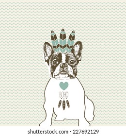 Hand drawn vector of French Bulldog in boho style indian feathers.