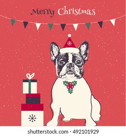 Hand drawn vector of French Bulldog. Merry Christmas card
