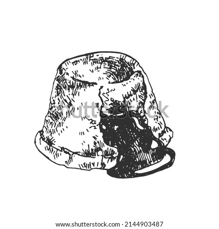 Hand drawn vector french chocolate fondant illustration. Molten chocolate cake dessert. Sweet cupcake pastry lava. Bakery design for menu, ad, label, banner