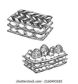 Hand drawn vector french dessert mille feuille sketch. Fresh sweet baked breakfast pastries. Food menu design template for label, ad, banner