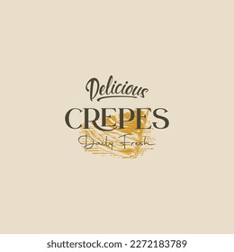 Esbozo de crepes de postre francés vector dibujado a mano. Signo abstracto, símbolo o plantilla de logotipo. Dulce de mano con tipografía. Concepto de Emblema de vectores de panadería. Aislado.Desayuno dulce y fresco.