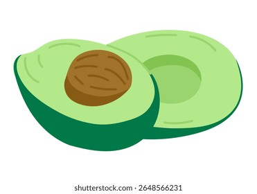 Hand drawn vector of fresh avocado cut in half showing seed and smooth green flesh. Concept of healthy food, natural nutrition, and organic lifestyle choice.
