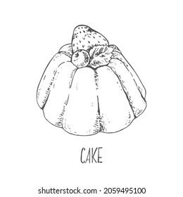 Hand drawn vector fresh baked pudding cake. Flavored cafe dessert. Isolated outline images for design, packaging, menu