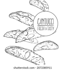 Hand drawn vector fresh baked cantucci. Flavored italian cafe dessert. Isolated outline images for design, packaging, menu