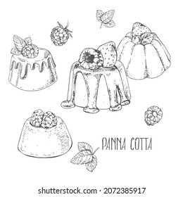 Hand drawn vector fresh baked pudding cake. Flavored panna cotta cafe dessert. Isolated outline images set for design, packaging, menu