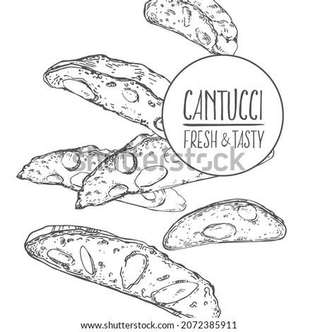 Hand drawn vector fresh baked cantucci. Flavored italian cafe dessert. Isolated outline images for design, packaging, menu