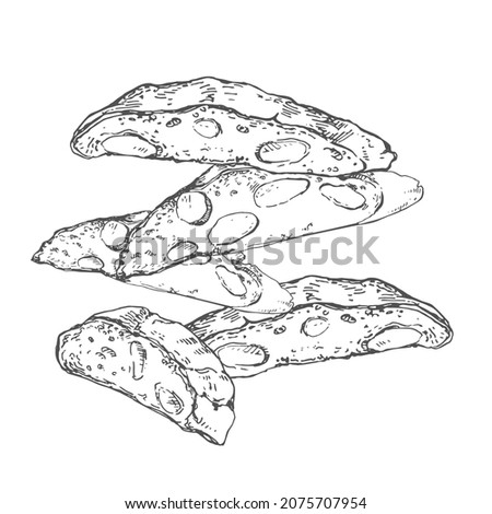 Hand drawn vector fresh baked cantucci. Flavored italian cafe dessert. Isolated outline images for design, packaging, menu