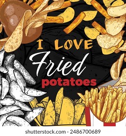 Hand drawn vector fries square visual. Hand written text with chips, crisps, potatoes, wedges, french fries. Line art and fill of yummy potatoes variety. 