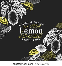 Hand drawn vector fruit illustration on chalk board. Lemon fruit and branch banner template. Engraved style retro citrus background.