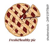 Hand drawn vector fruit pie. Top view of a fresh pie wheel and slice with stripe crust and fruit filling. Easy to edit and use vector food assets. 