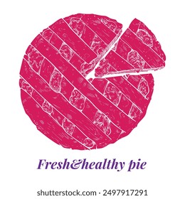 Hand drawn vector fruit pie. Top view of a fresh pie wheel and slice with stripe crust and fruit filling. Easy to edit and use vector food assets. The vector is one united shape.