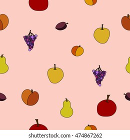 hand drawn vector fruit seamless pattern - apple, pear, grape, plum, peach, apricot