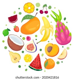 Handgezeichneter Vektor. Früchte im runden Rahmen. Mango, Banane, Ananas, Erdbeere, Wassermelone, Pfirsich, Birne, Granatapfelanat, Kalk, Feigenbaum