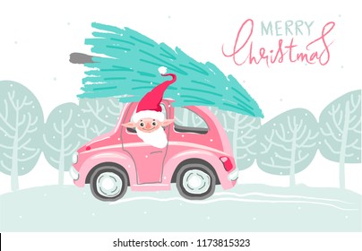 Hand drawn vector fun Merry Christmas time cartoon illustration set with gnome in red clothing. Hand lettering inscription Merry Christmas. The elf is lucky a fir-tree on the sledge. Pink car.